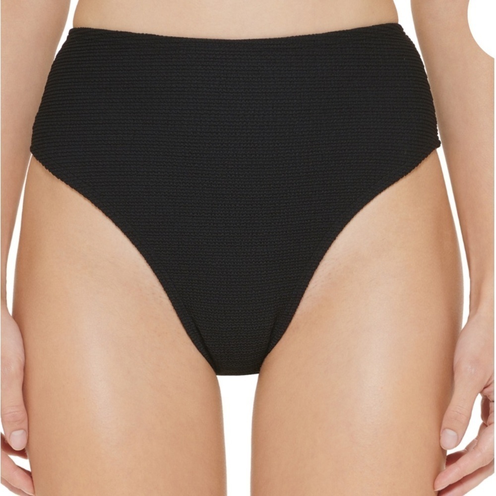 DKNY Women's Textured High Waist Bikini Bottom Swimsuit Black Size Ribbed L
